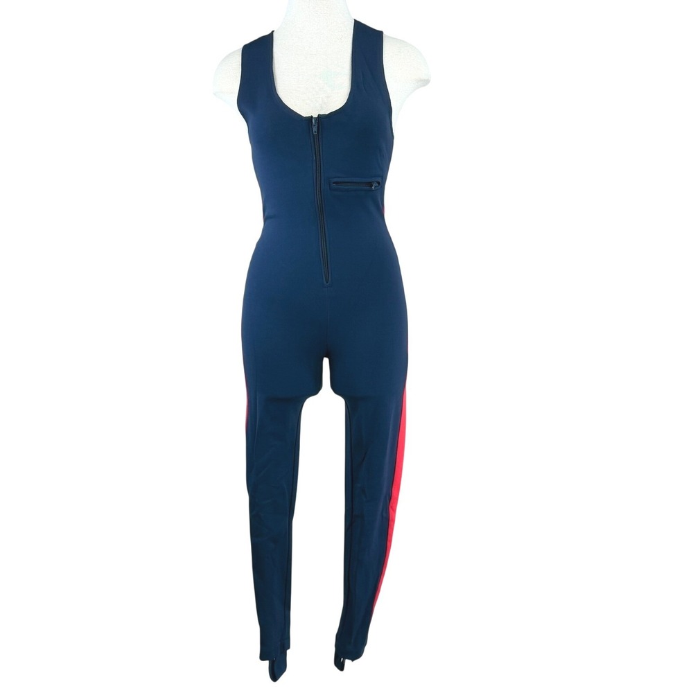 Vintage 80s Cycling Unitard (M) Navy Stretch Stirrup‎ Zip Rave Catsuit Bodycon
